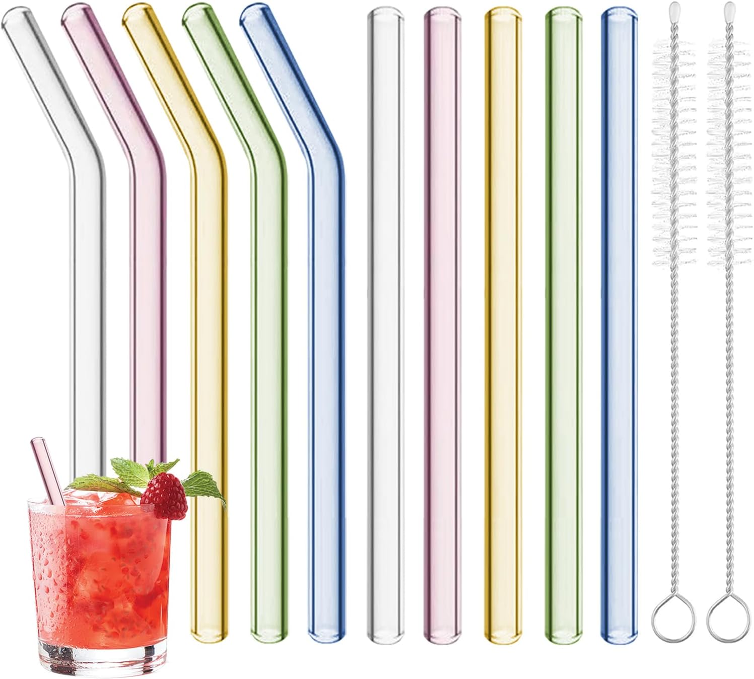 10 Pcs Colorful Glass Straws Shatter Resistant, 6” x 8mm Colored Short Glass Drinking Straws with 2 Cleaning Brush, Set of 5 Straight & 5 Bent Glass Straws Short for Coffee, Beverages, Juices