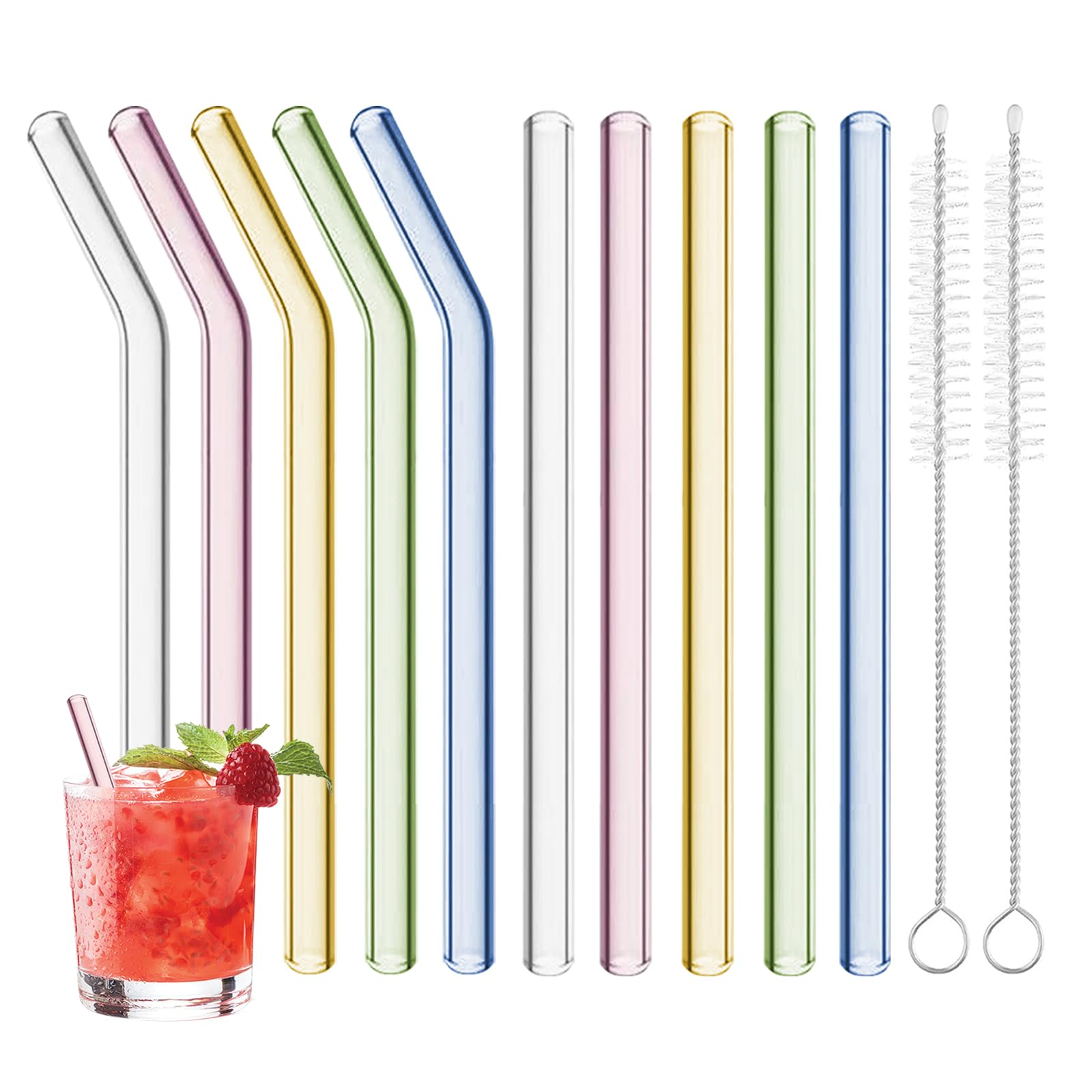10 Pcs Colorful Glass Straws Shatter Resistant, 6” x 8mm Colored Short Glass Drinking Straws with 2 Cleaning Brush, Set of 5 Straight & 5 Bent Glass Straws Short for Coffee, Beverages, Juices