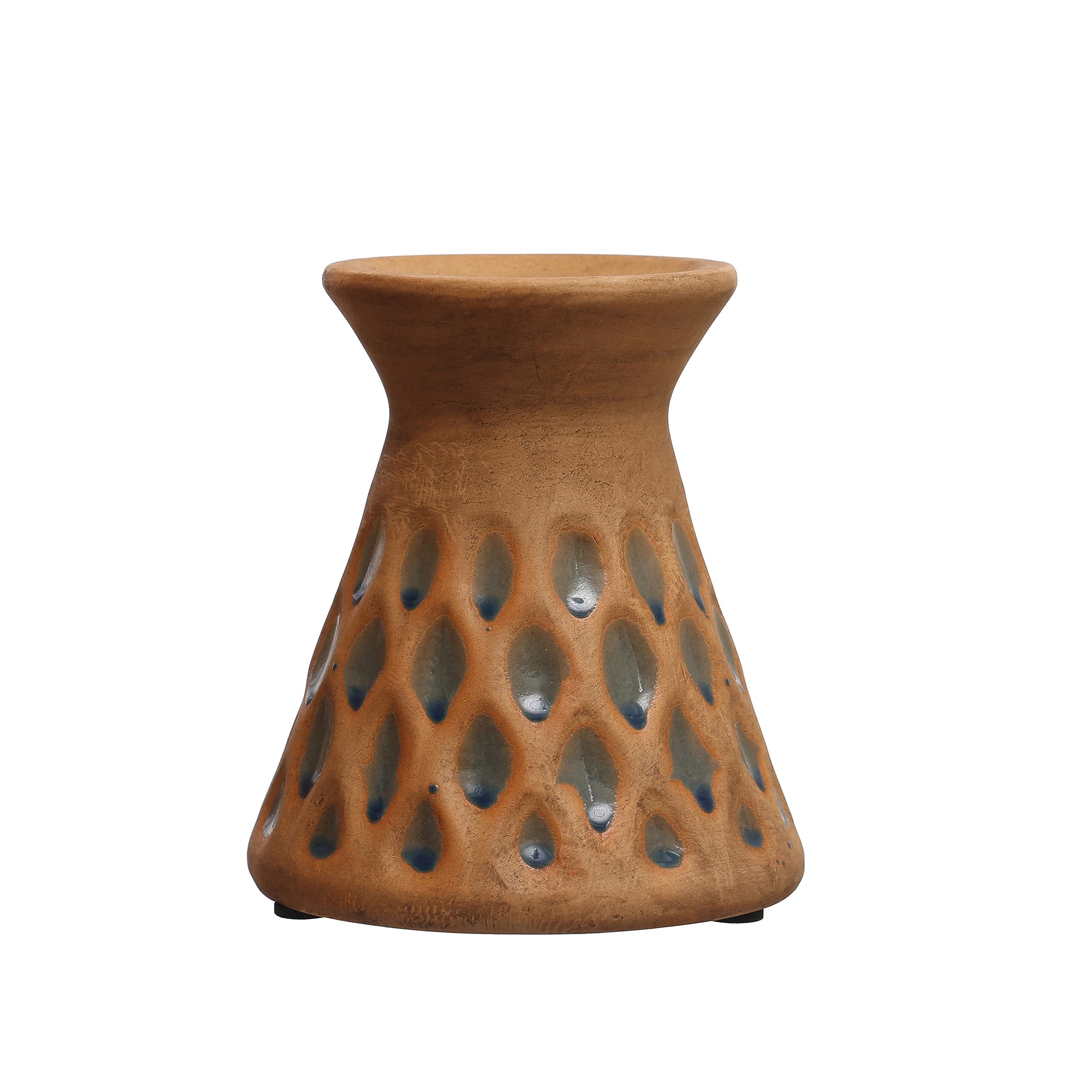 Creative Co-Op 6.5 Inches Debossed Terra-Cotta 3 Inches Pillar, Natural and Blue Candle Holder, Terracotta