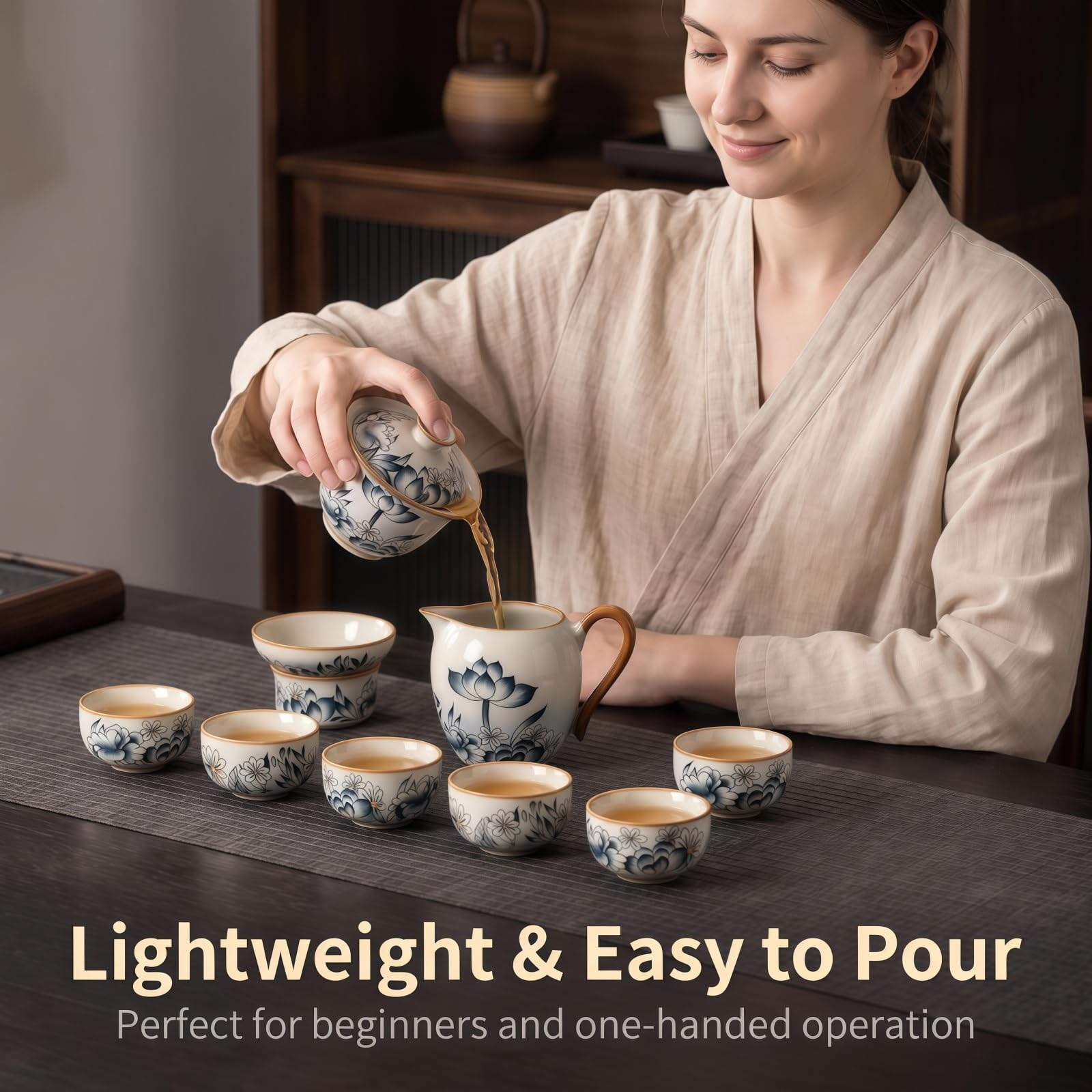 Gongfu zestaw do herbaty, ręcznie malowany porcelanowy zestaw do herbaty z czajnikiem, 6 filiżanek, tradycyjny zestaw ceremonii parzenia herbaty do domu, idealny dla miłośników herbaty i dawania