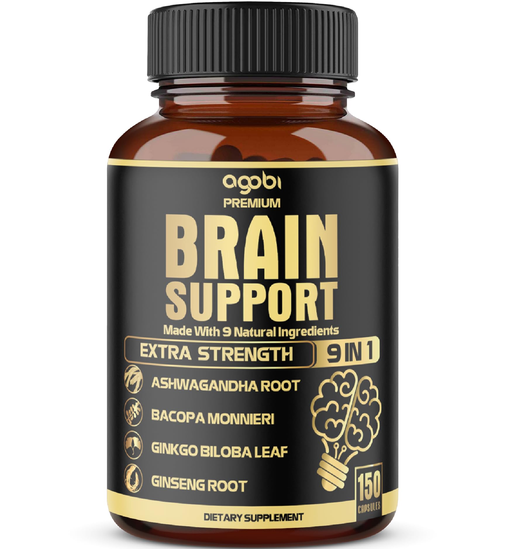 agobi 9in1 Brain Support Supplement - Blended with Ashwagandha, Panax Ginseng, Gotu Kola, Ginkgo Biloba, Black Pepper & More - Accuracy, Focus, Memory & Energy Booster - 150 Capsules for 5 Months
