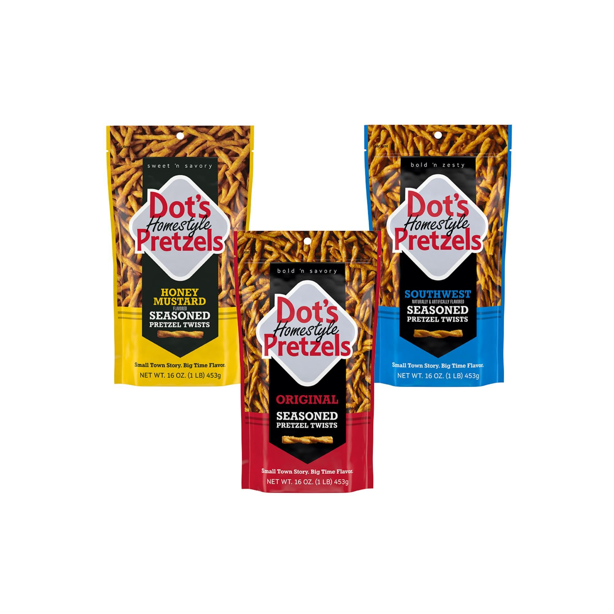 Dot's Pretzels Bundle Pack Original, Honey Mustard, and Southwest Seasoned Pretzel Twist Snack, 16oz Grocery Sized Bags (3 Pack)