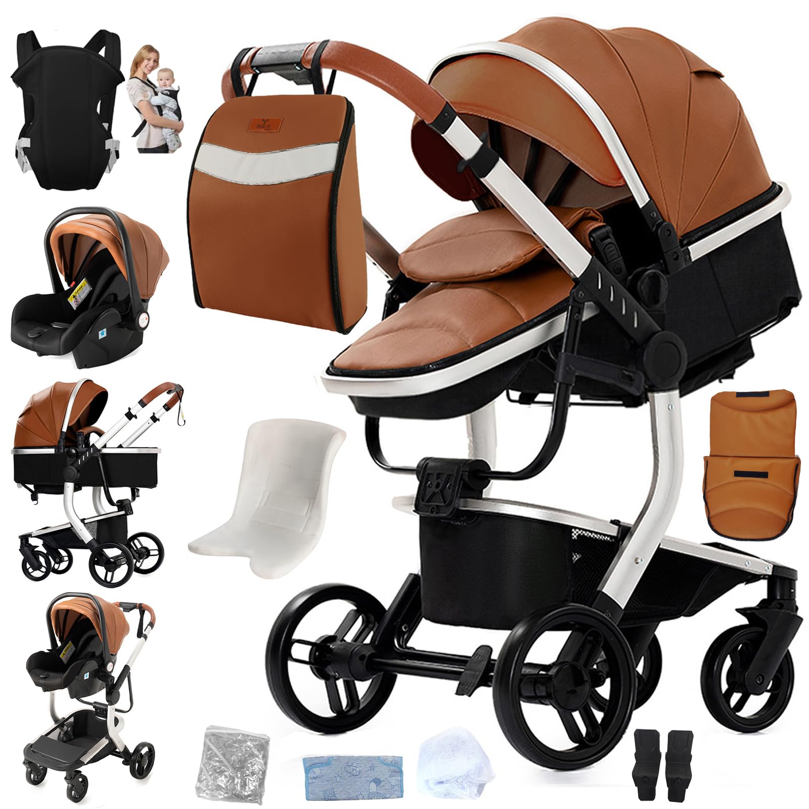 Cuero PU Carrito Bebe 3 en 1, Carrito Bebe con Empuje Reversible de Dos Vías, Carro Bebe 3 Piezas con Estructura de Aleación de Aluminio, Cochecito Bebe 3 Piezas Recién Nacidos (518 Khaki)