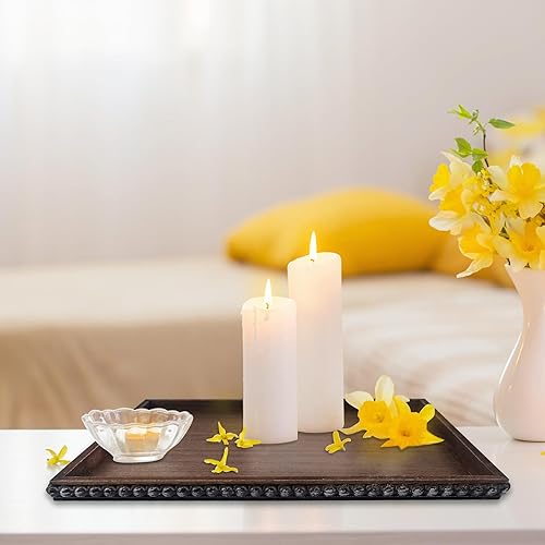 Miniatura 5 de Bandeja decorativa rectangular con cuentas de madera de 12 x 16 pulgadas, bandeja de servir marrón para sala de estar, mesa de café, cocina o