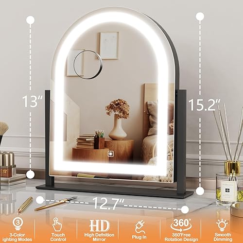 Lighted Makeup Mirror, Hollywood Vanity Mirror with Lights, Three Color Lighting Modes, and Detachable 10X Magnification Mirror, Smart Touch Control, 360°Rotation (15.2in. Curved)(Black,15.2"L x 13"W)