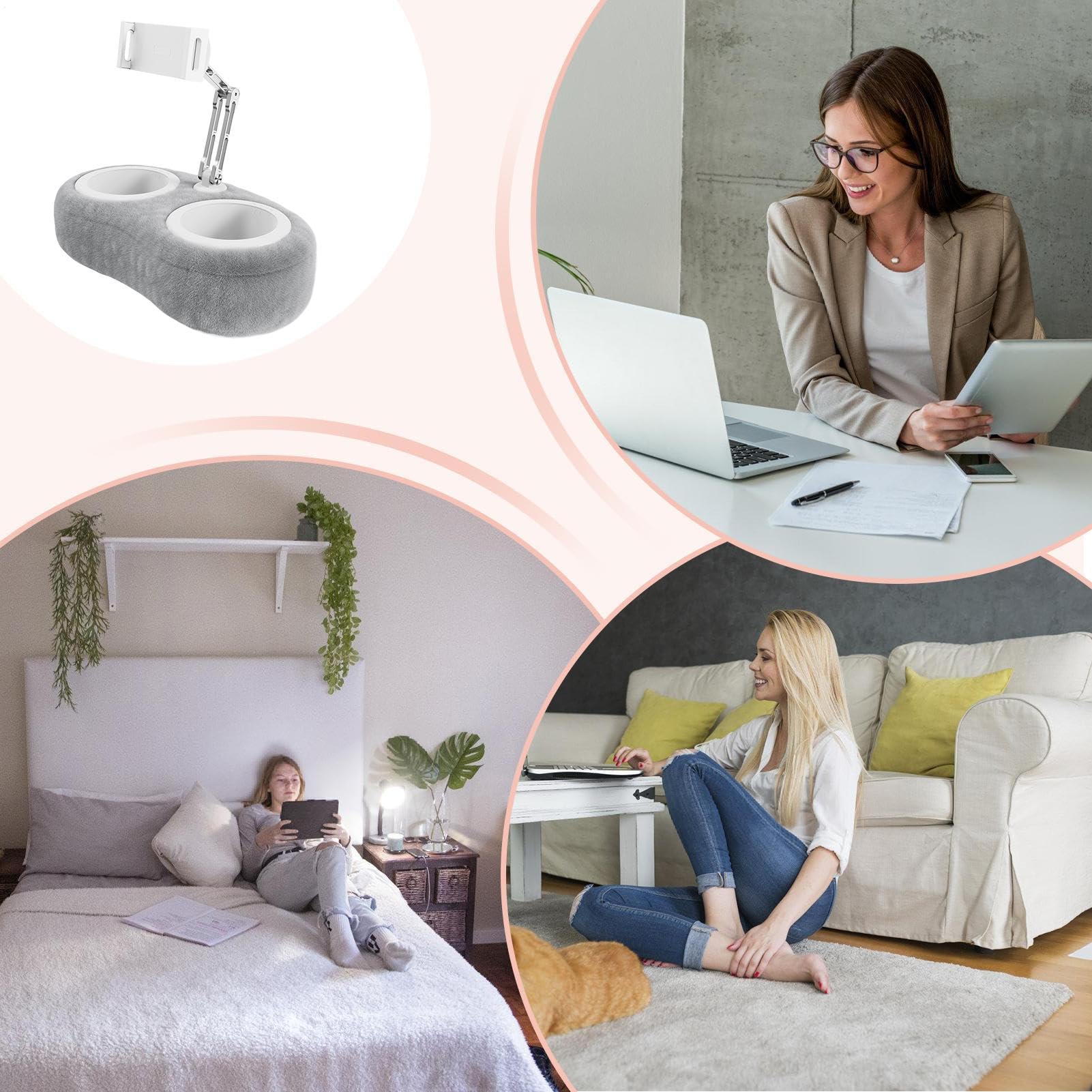 Tabletständer mit Kissen Geeignet für Handys und Geräte von 11,9 bis 33 cm | Smartphone- und Tablet-Kissenhalterung für das Bett Verstellbarer Mehrwinkel-Schoßtisch, Rutschfeste Basis