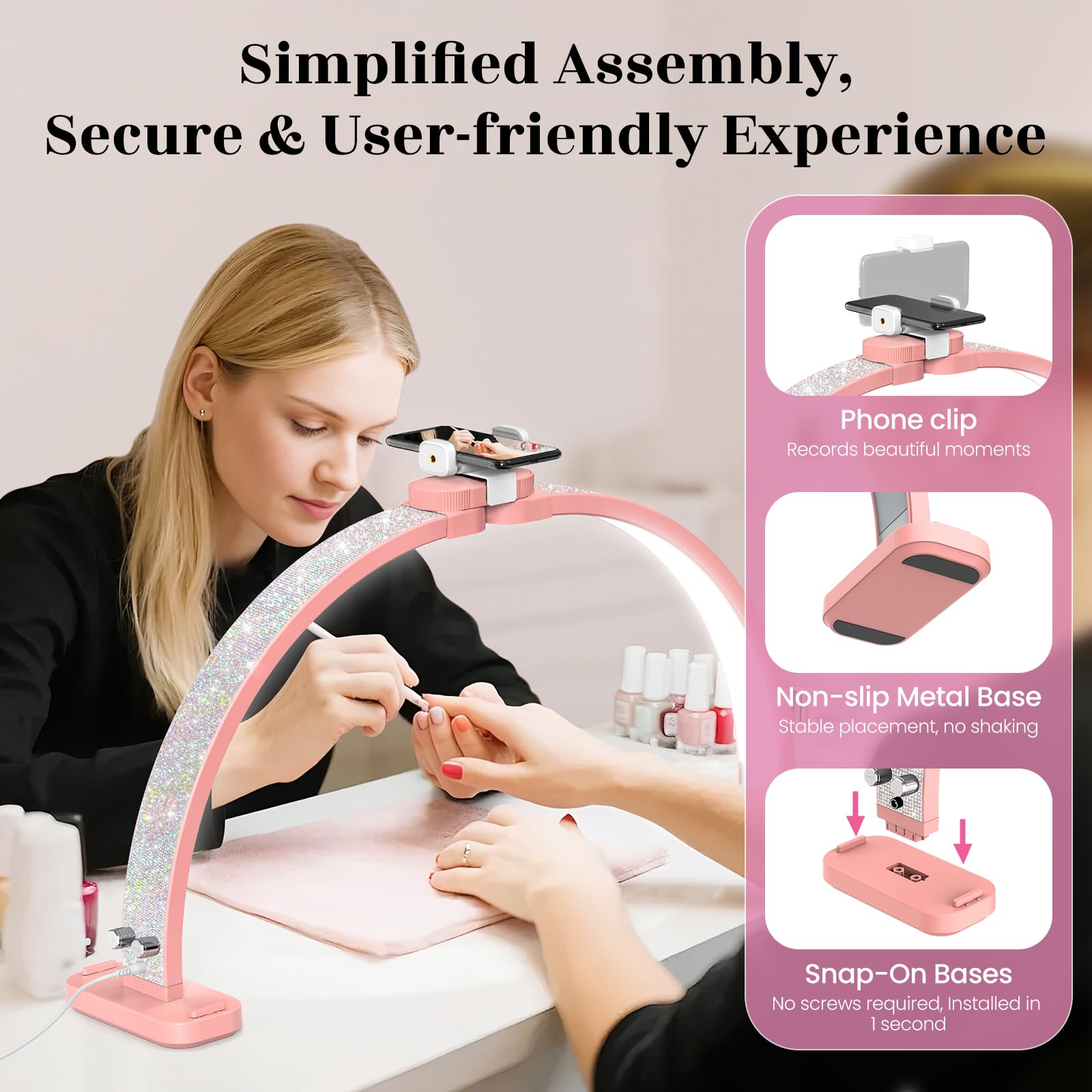 Half Moon Light for Nail Tech: 31 inch Lash LED Lamp with Phone Holder - 48W Foldable Arch Lights for Eyelash Tech - Manicure Handicraft Lighting for Spa,Salon: Pink