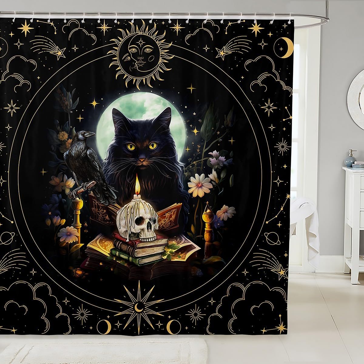 Cartoon Cat Shower Curtain Colorful Flower Leaves Botanical Garden Bathroom Curtain Kids Girls Adult Room Decor,Bright Star Night Waterproof Curtain Orange Blue Black Trippy Bath Curtain,12 Hooks