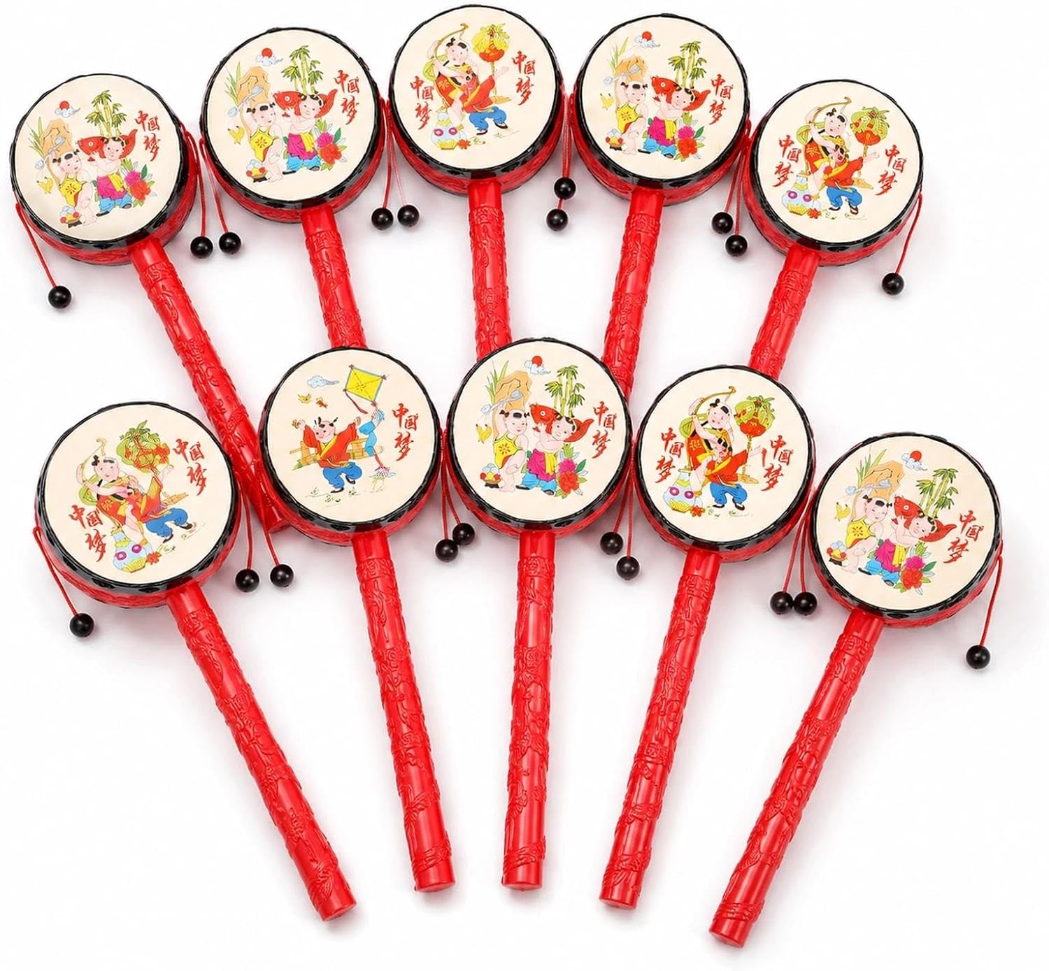 LOGOFUN 10 Pcs Monkey Drum Spinning Drum Chinese Traditional Percussion Instrument for Kids (Red)