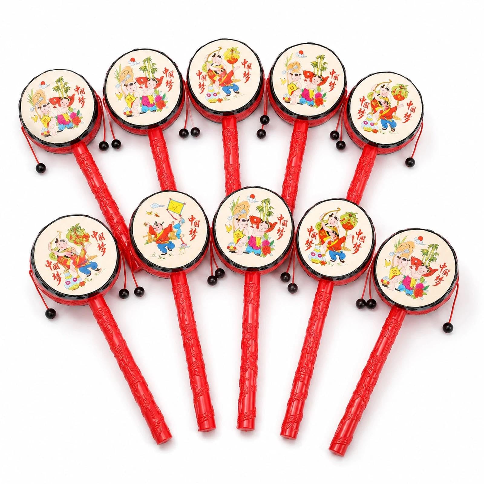 LOGOFUN 10 Pcs Monkey Spinning Drum Toy for Kids Red | Chinese Traditional Percussion Instrument Toy; Children Playing Props, Parent-child Interaction