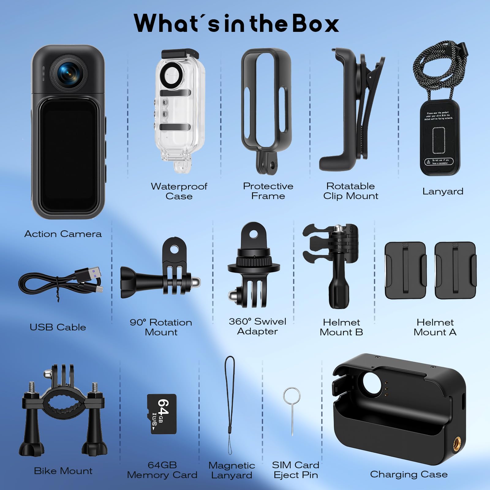 Mini Action Cam mit 180° Rotierendem Objektiv, 1080P, Wasserdicht 30m, 1,47" Touchscreen, Body Cam für Vlog