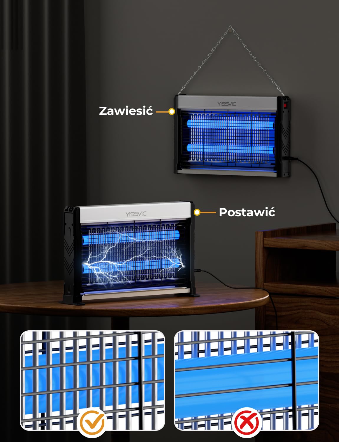 YISSVIC Elektryczna lampa owadobójcza LED, 2 m, kabel z łańcuchem do zawieszania i nóżkami, przeciw molom, komarom, muchom, do wnętrz, 39,5 x 24,6 x 6 cm