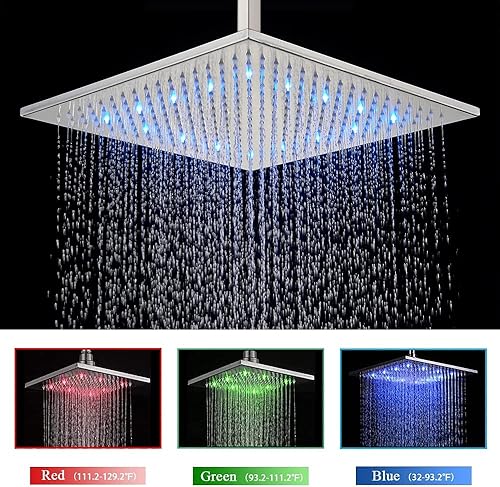 Miniatura 2 de Sistema de ducha LED cuadrado de 12 pulgadas, juego de grifo de ducha con rociador de mano SUS304, kit de ducha de acero inoxidable SUS304, ducha de