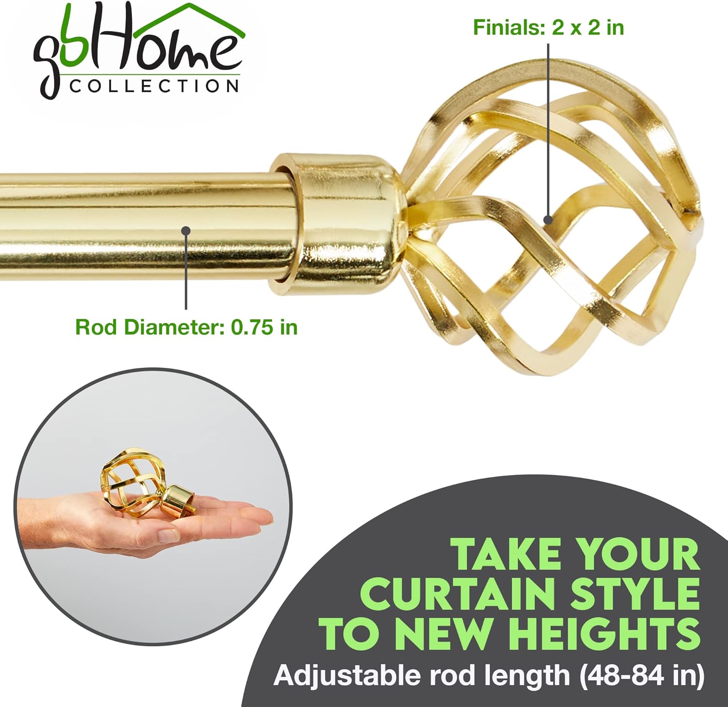 GB Home Adjustable Gold Curtain Rods for Windows 48 to 84 inch, Single Drapery Rods with Stylish Twisted Cage Finials : Home & Kitchen