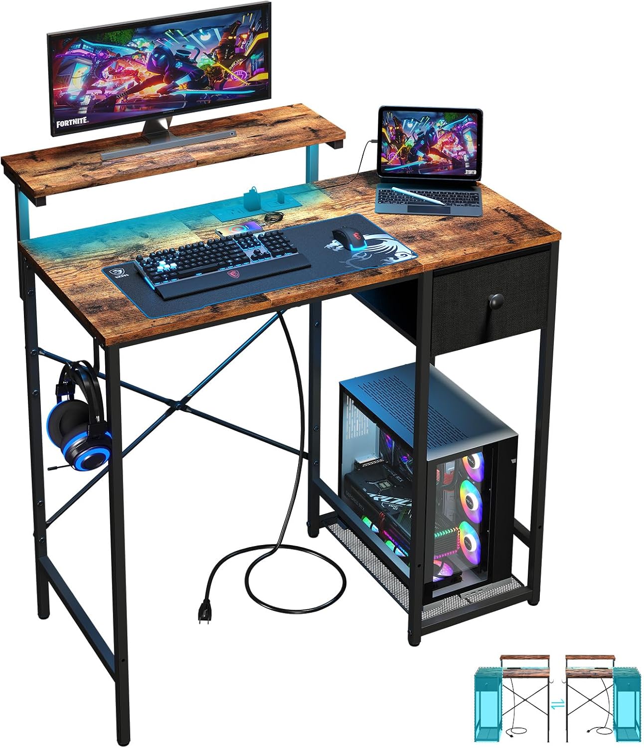 X-cosrack 33.5" Small Gaming Desk with LED Lights & Outlets, Monitor Stand