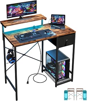 X-cosrack 33.5" Small Gaming Desk with LED Lights & Outlets, Monitor Stand