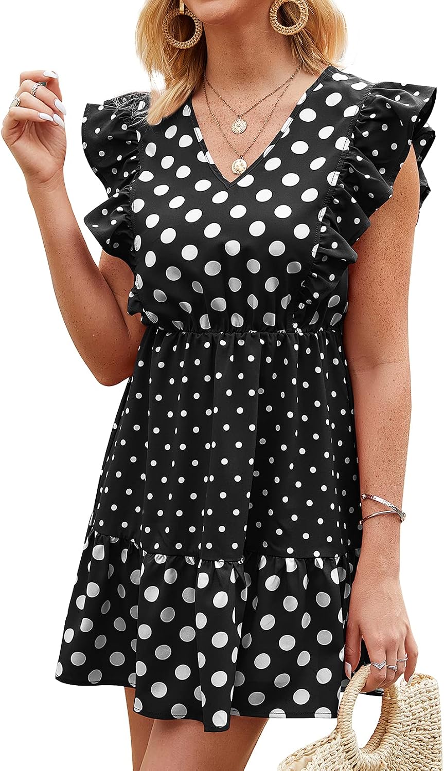 Lu's Chic Women's Dress V Neck Dresses Ruffle Polka Dot Mini Casual Short Summer Swing Sleeveless Cap Sleeve Flowy Ladies Print Work Cocktail Party A Line Black X-Large