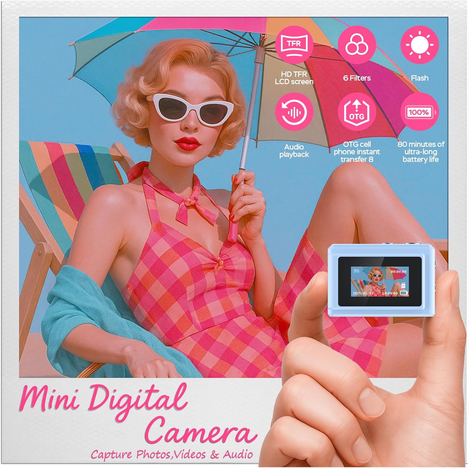 Mini Camera Keychain 1080P Video Recorder, 0.96" HD Display, 64GB, Long Battery Life, Vintage Compact Micro Cameras, Ultra-Portable Tiny Camcorder for Travel Study Recording, Ideal Gift, Blue