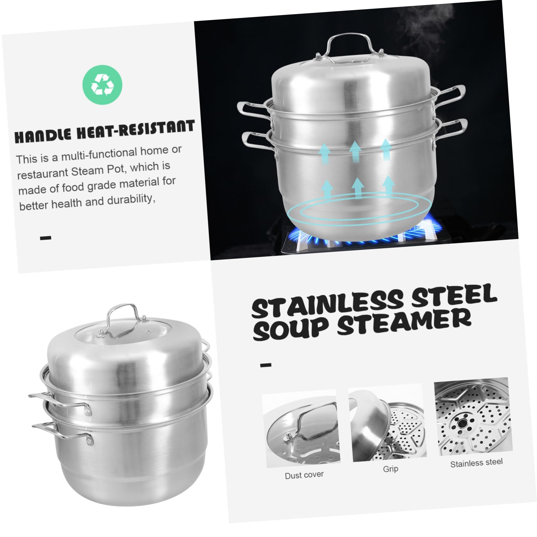 Dampfgarer Topf 3-stufig aus Edelstahl mit Glasdeckel Silber | Multilayer Design, Geeignet für Gemüse, Meeresfrüchte und Fleisch, 1 Satz