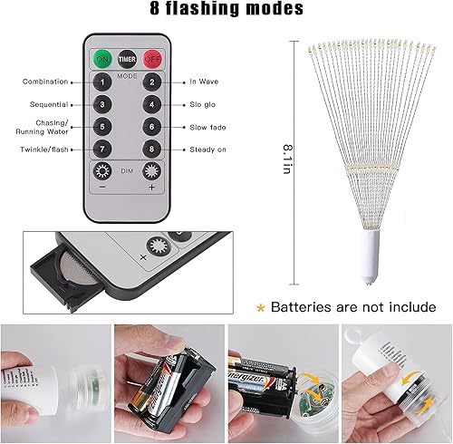 Miniatura 3 de Techip - Cadena de luces de hada para fuegos artificiales, funciona con pilas, luz de cobre, 8 modos, regulable, decoración navideña, luces de hadas