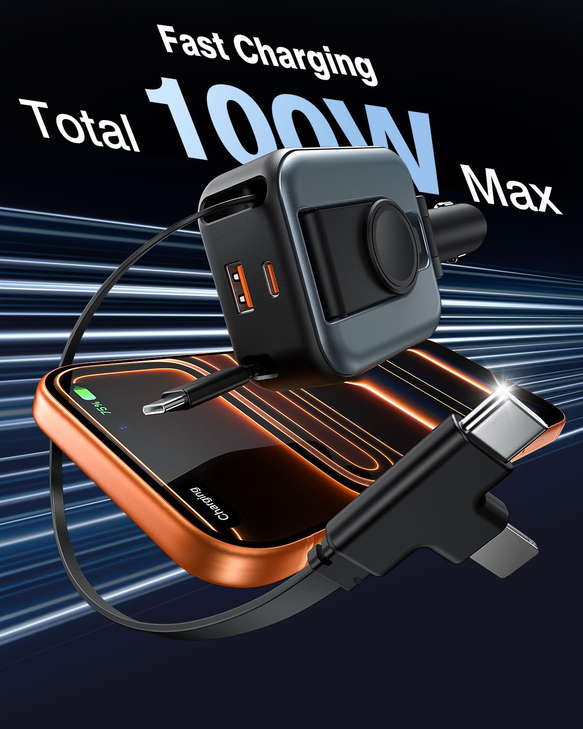 6 in 1 Retractable Car Charger, 100W USB C + USB A Fast Charging for iPhone 17/16/15/14/13/12/11, iWatch, Android, Travel Essentials Car Accessories, Gift for Men & Women (Grey) - 4