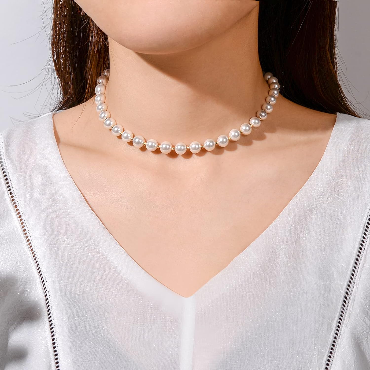 YYZKYTO Round White Shell Pearl and Gold-Tone Beads Choker Strand Simulated White Pearls Jewelry for Women