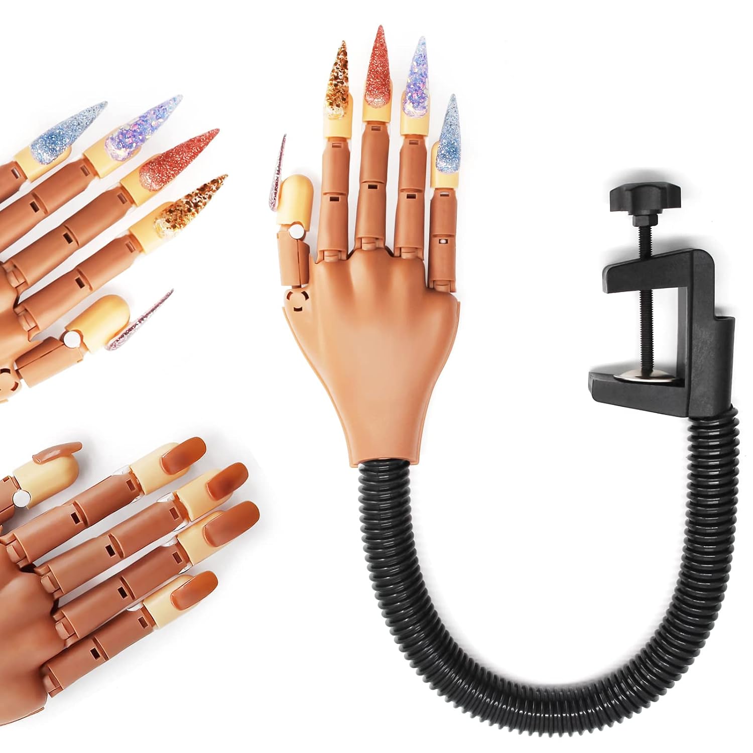 Flexible Nail Practice Hand with 100pcs Stiletto Nail Tips and 100pcs Regular Nail Tips, Professional Manicure Nail Hand Model for Acrylic Nails Tech Beginner Use (Brown)