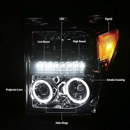 Miniatura 2 de DNA Motoring HL-HPL-LED-FSU13-SM-AM Ahumado Dual LED Halo Anillos Proyector Faros de Reemplazo Para 11-16 F250 SD