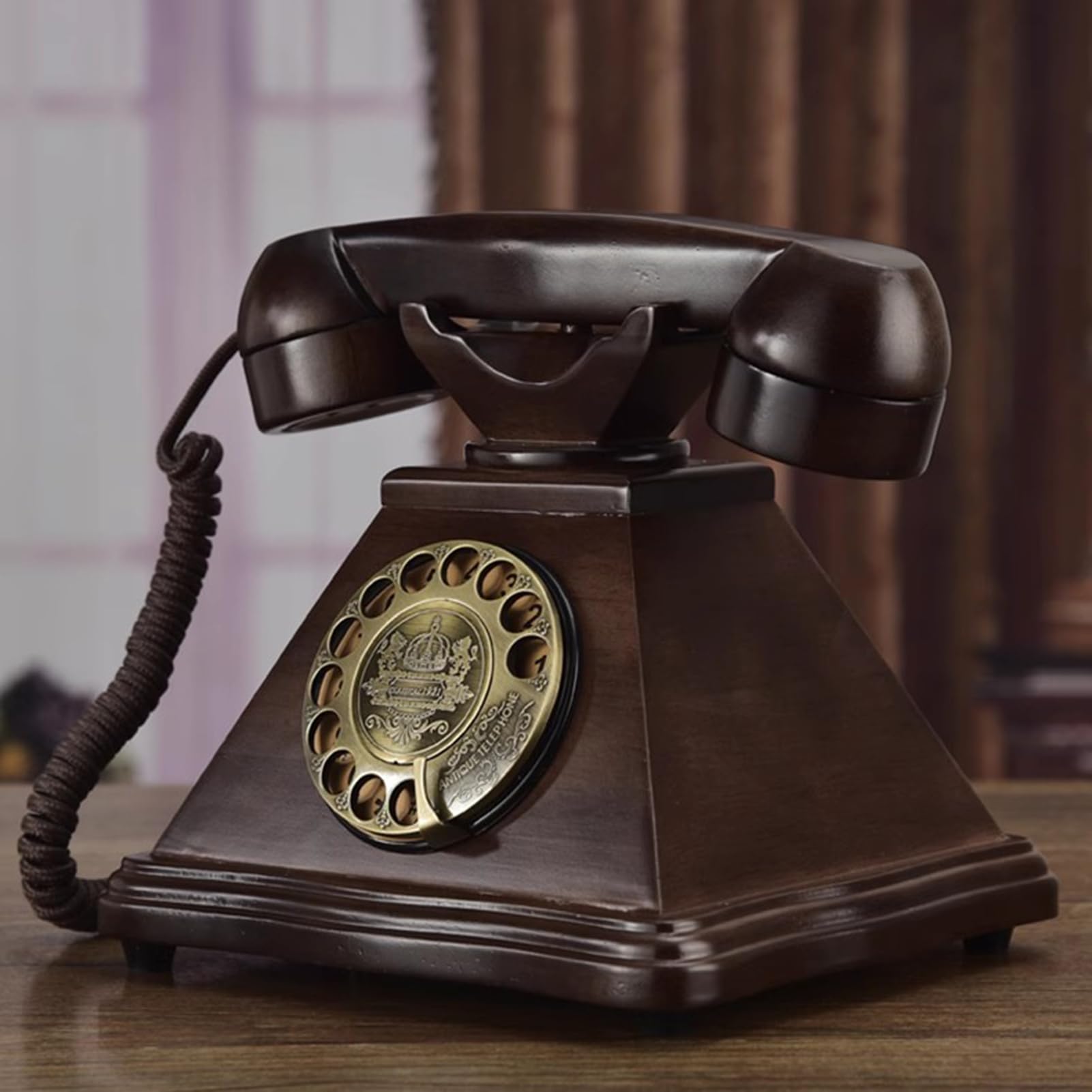 Telefono Fisso retrò con Filo, Telefono Antico con quadrante rotativo, Telefono da Tavolo Vintage in Legno massello, Vecchio Telefono di casa con Ripetizione della Chiamata