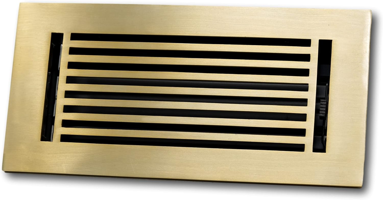 Madelyn Carter 4 x 10 Cast Aluminum Linear Bar Vent Cover with Damper - Brushed Brass (Overall: 5.75 x 11.75) | Floor Register - Wall Register