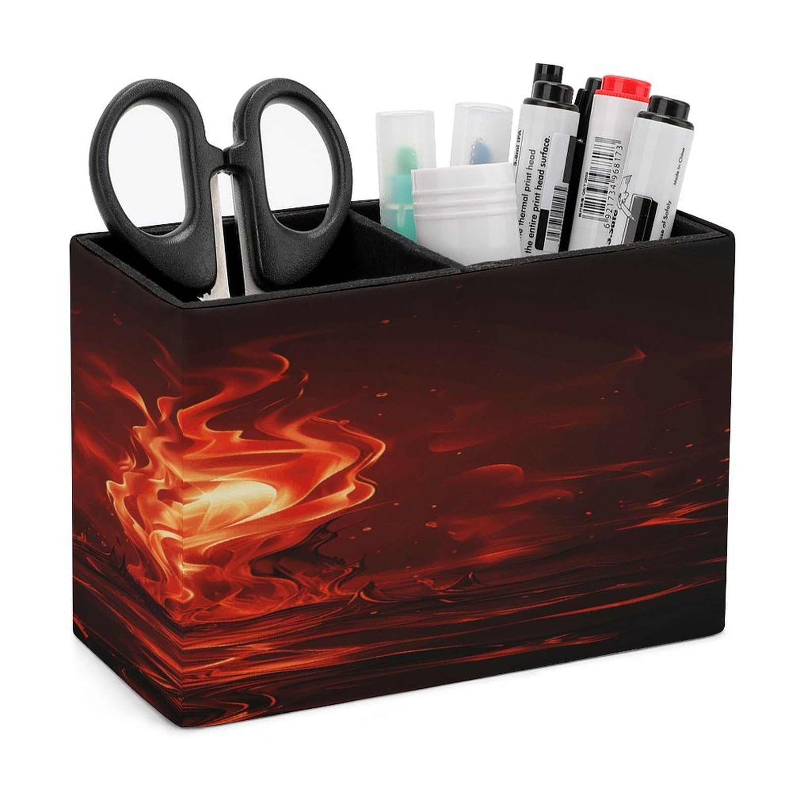 FekiLoot PU Leather Red Flame Pen Holder for Desk 2 Compartments Desktop Stationary Organizer Rectangle Table Pencil Cup Stand Desktop Stationery Organizer Case for Office Home