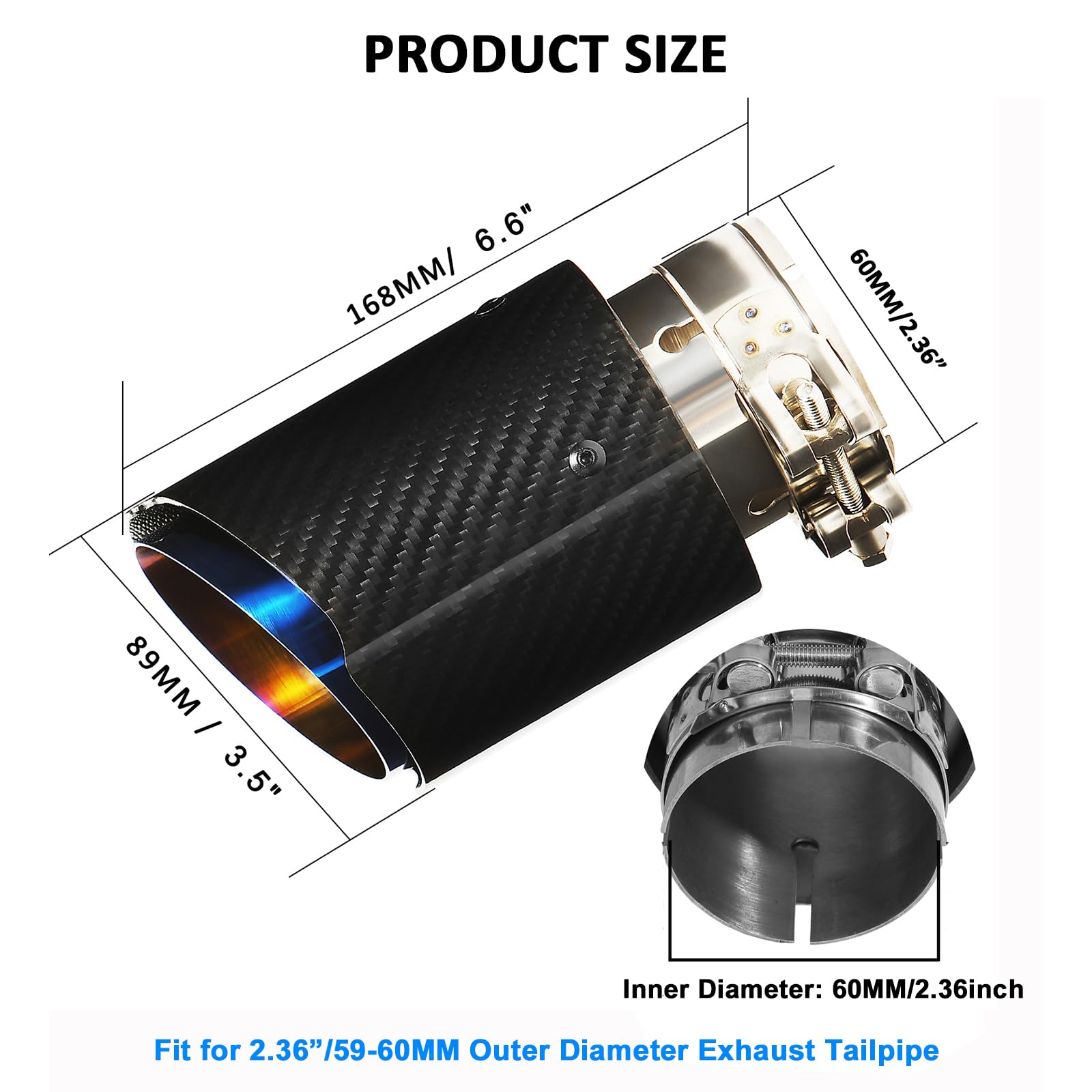 60MM(2.36") Terminale Scarico Auto Sportivo Tubo di Scarico Auto In Acciaio Inossidabile Fibra Di Carbonio Lucida Punta Posteriore Punta Posteriore 3.5" Uscita Ingresso (Blu Nero Lucido)