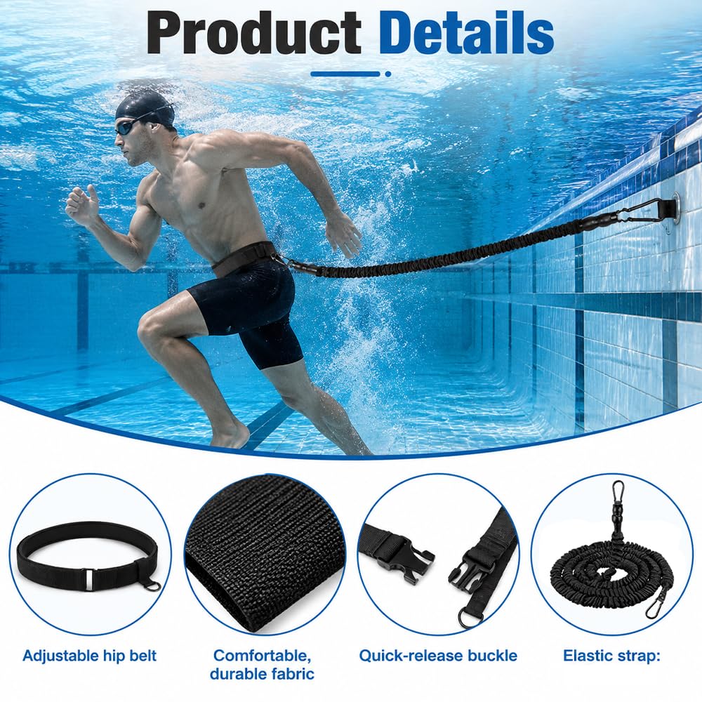 Schwimmgurt Pool, Einstellbare Schwimmgurt Pool Erwachsene, Schwimmtrainer mit 2,5-7,5 M Elastischen Gummibändern, Schwimmtrainer Gürtel für Pooltrainer, Erwachsene