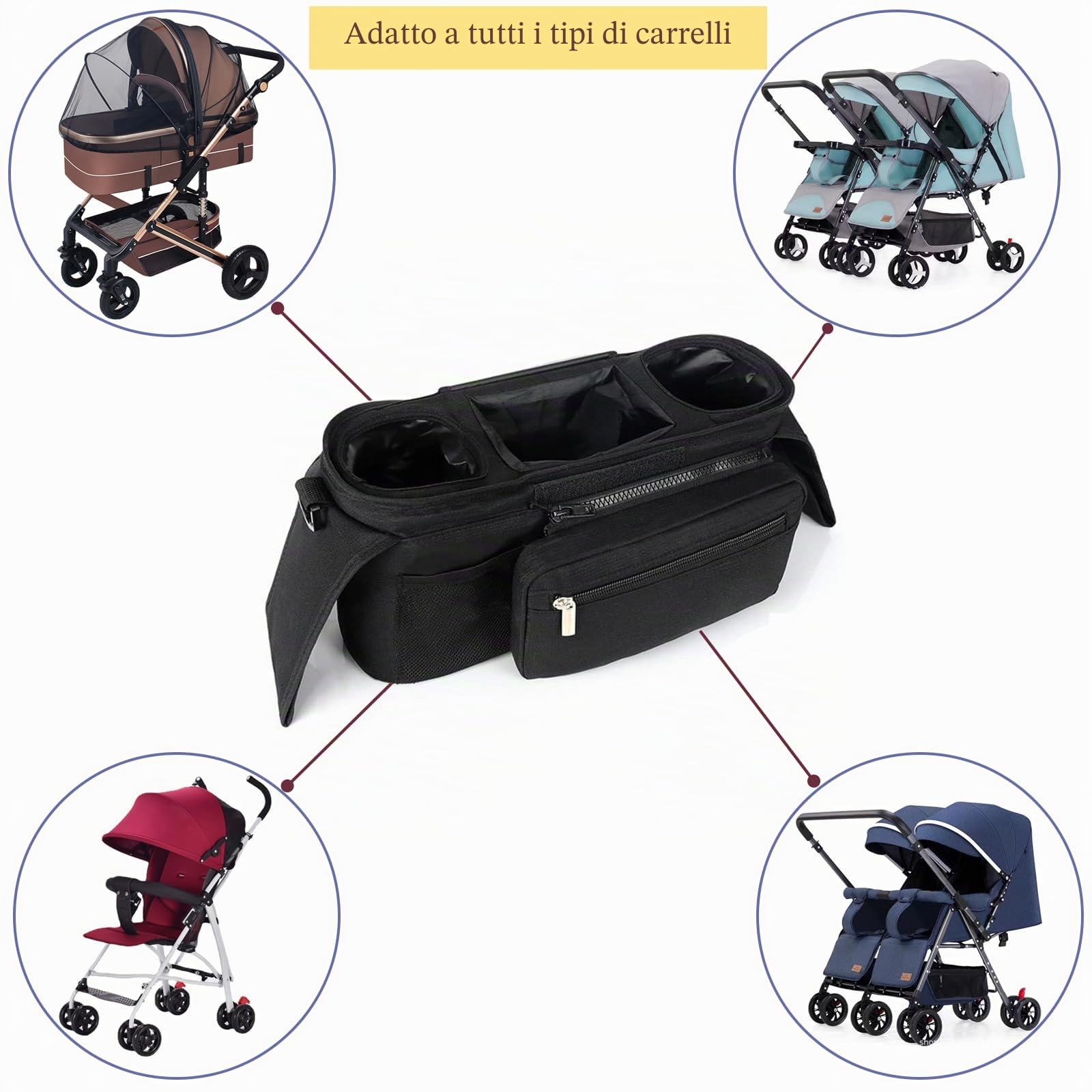 Universal Baby Passeggino Organizer, con Il Supporto di Tazza Isolato Aumentato, Borsa A Rete Rimovibile, Borsa del Telefono e Tracolla, si Adatta Alla Maggior Parte dei Passeggini