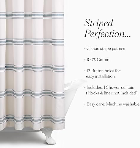 Miniatura 5 de Lush Decor Cortina de regadera estilo granja a rayas de algodón, 72" ancho x 72" largo, azul - Cortina de baño a rayas - Cortinas de regadera de
