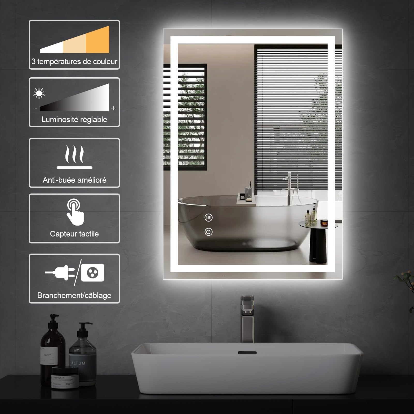 Trintion Miroir Salle de Bain LED 70x50 cm Éclairage 3 Couleurs Réglable