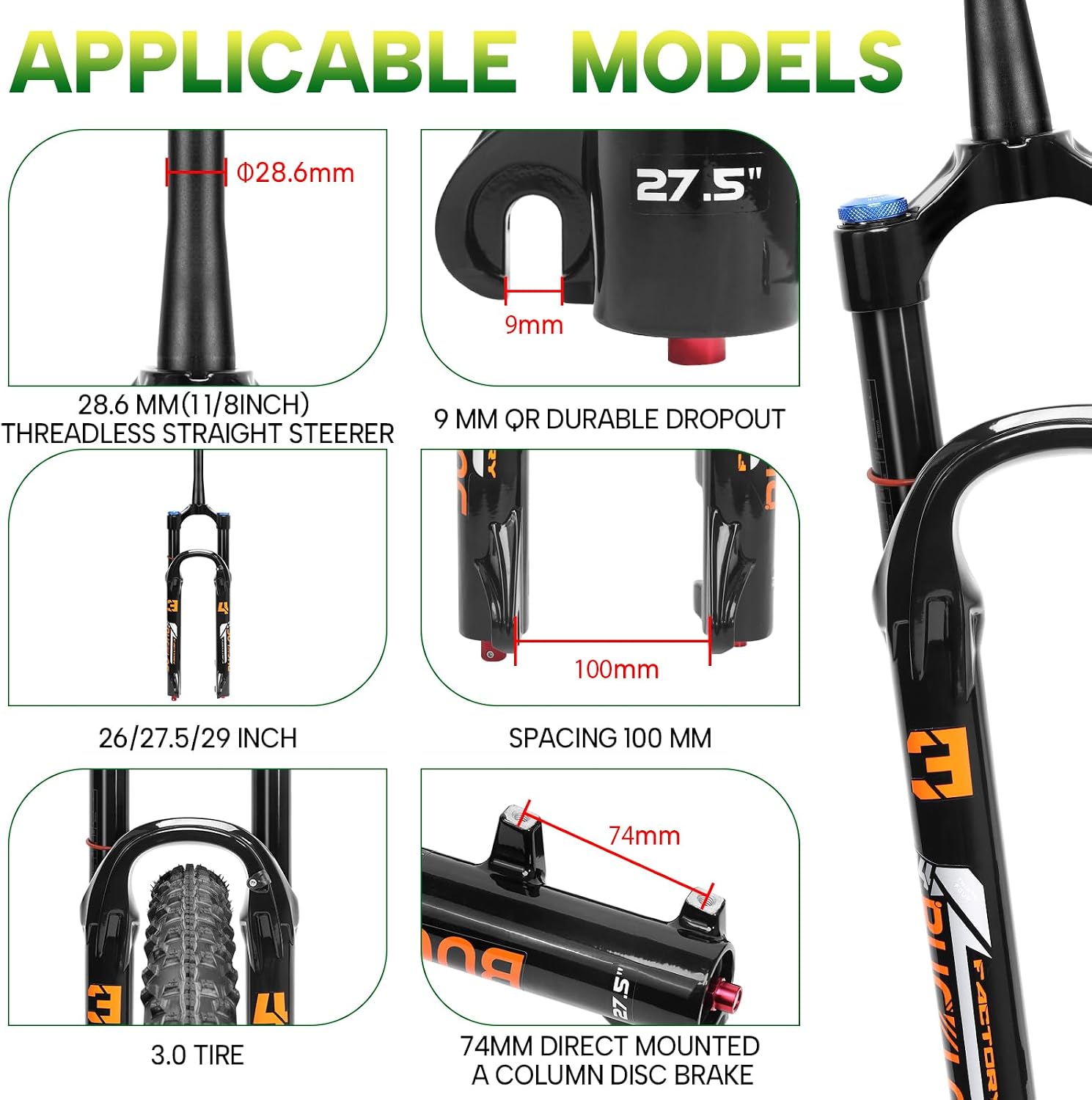 BUCKLOS 26/27.5/29 inch Travel 140mm MTB Air Suspension Fork, Rebound Adjustment 34mm Stanchions 1-1/8" Threadless Straight/Tapered 9*100mm QR Manual/Remote Lockout XC AM Mountain Bicycle Front Forks