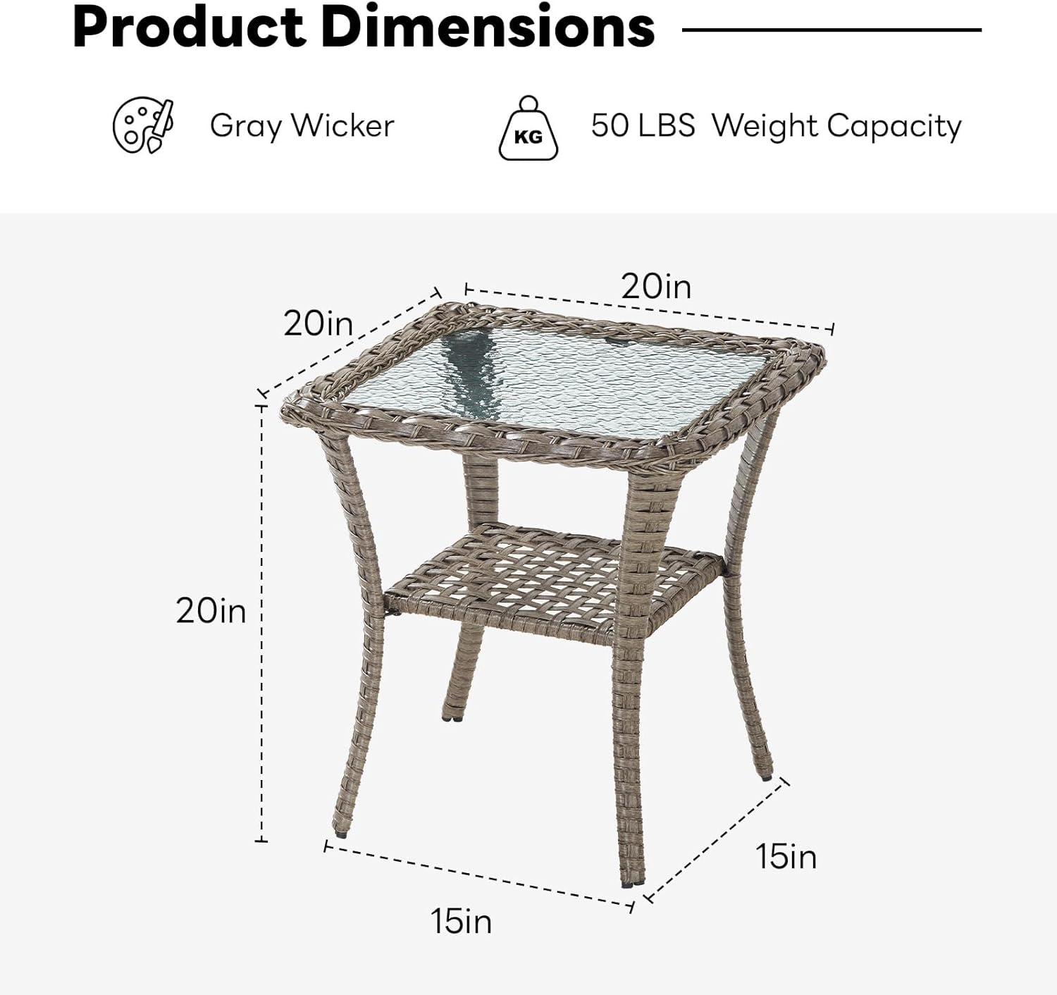 Belord Handwoven Wicker Side Table - 20 Inch Small Outdoor Table 2 Tier Storage with Tempered Glass Top, All Weather Outdoor Patio End Tables for Deck Balcony Outside Gray