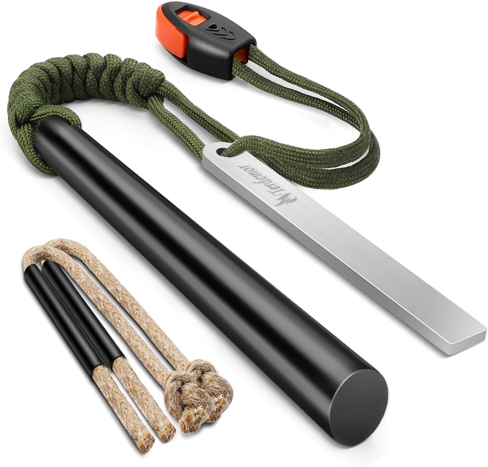 Ferro Rod Fire Starter Kit โ 5" Flint and Steel with Two Waxed Tinder Cord & Paracord for Camping, Hiking, Outdoor Survival, Emergency Preparedness