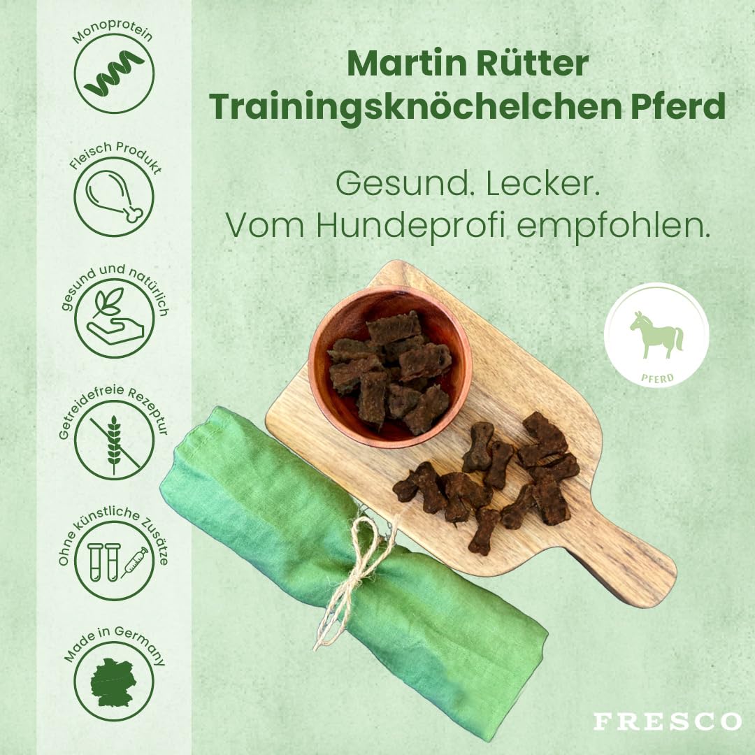 FRESCO Dog Martin Rütter Trainingsknöchelchen Pferd 1kg | Hundeleckerli getreidefrei & zuckerfrei mit 92% Frischfleisch | Fettarme Pferdeleckerlis hypoallergen fürs Hundetraining