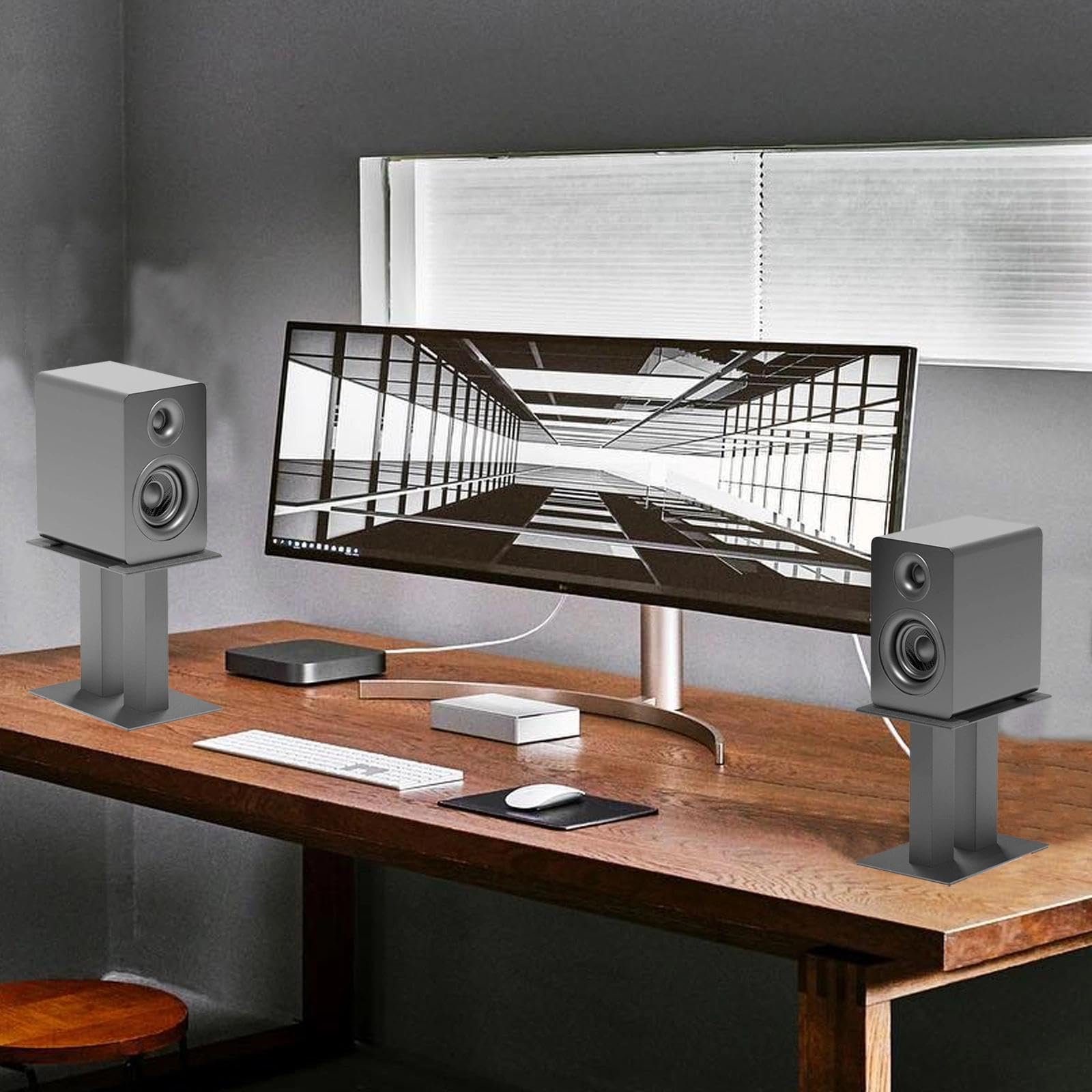 2 supporti audio da scrivania, altezza 25 cm, in metallo, con cuscinetti antiscivolo e ammortizzanti, per computer e librerie (nero)