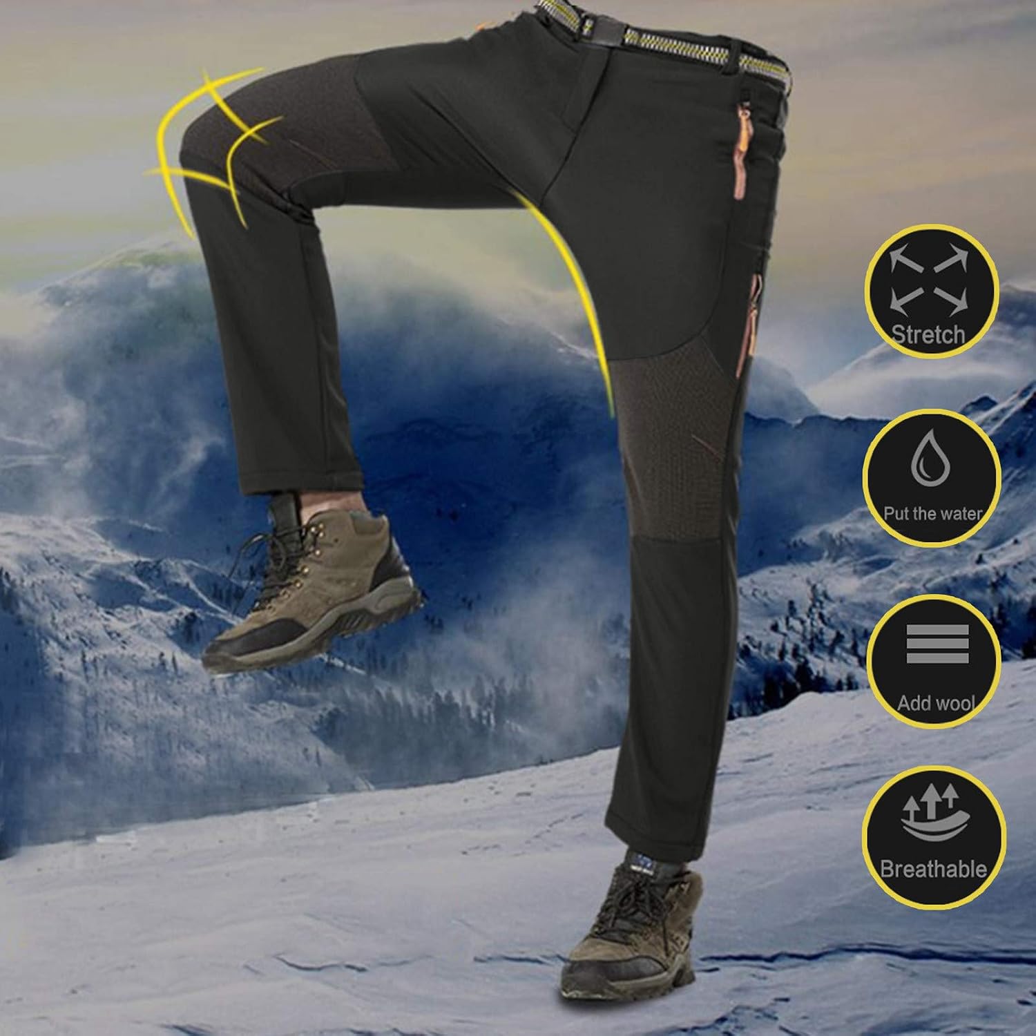 Ski Pants Men Waterproof Fleece Lined Tactical Cargo Snowpants Winter Hiking Work Insulated Softshell Zipper Bottom