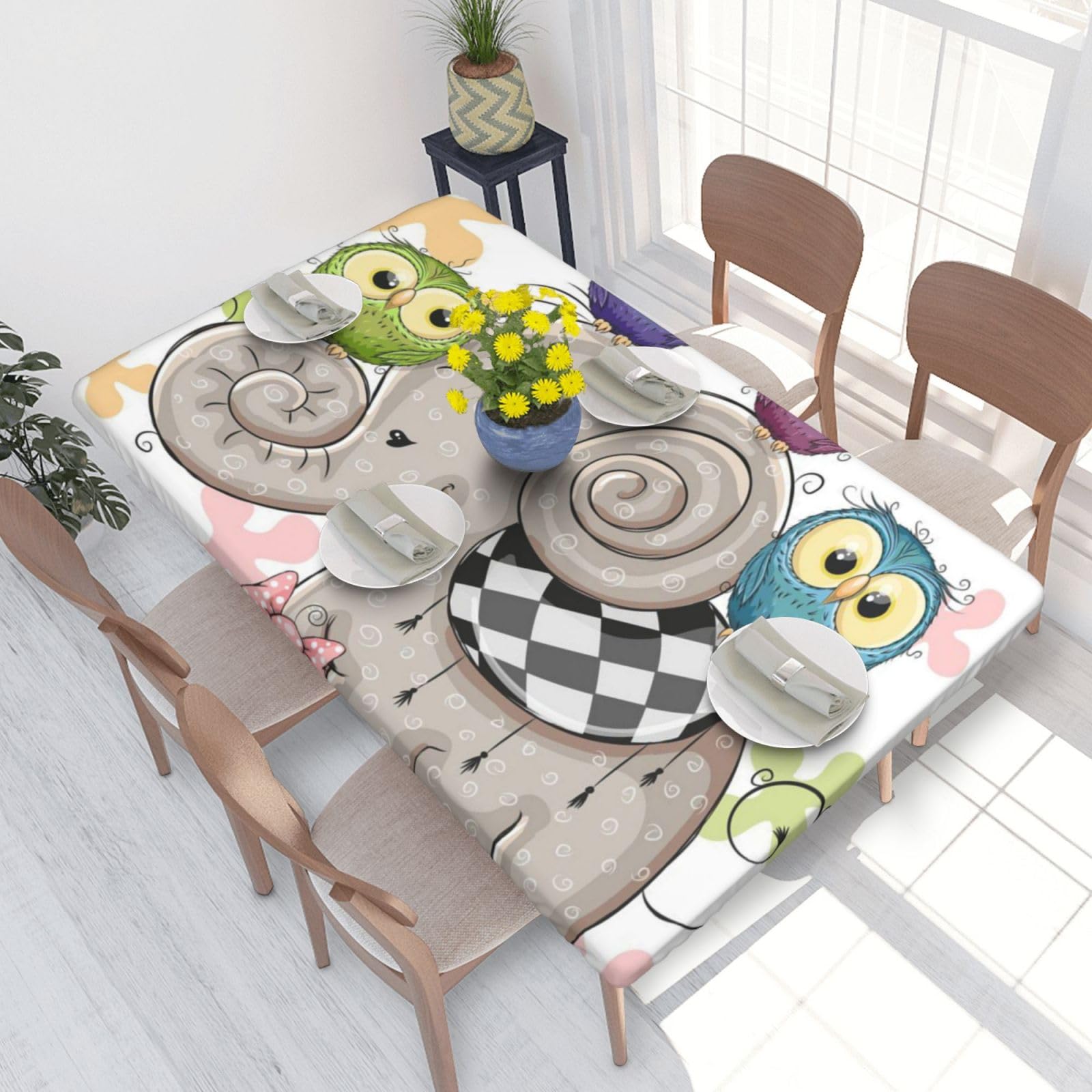 BNVSADC Cartoon Elephant and Owls Floral Printed 4FT Tablecloth 122x76 CM Polyester Kitchen Water Resistant Table Cloth Dining Table Decoration Table Covers