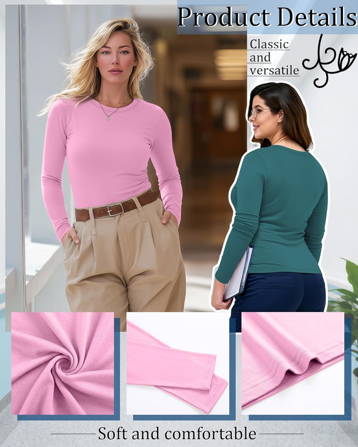 Oakgarden 3 Pack Women's Plus Size Underscrub Shirts, Long Sleeve Crew Neck Tops Fitted Layering Basic Tee for Nurse