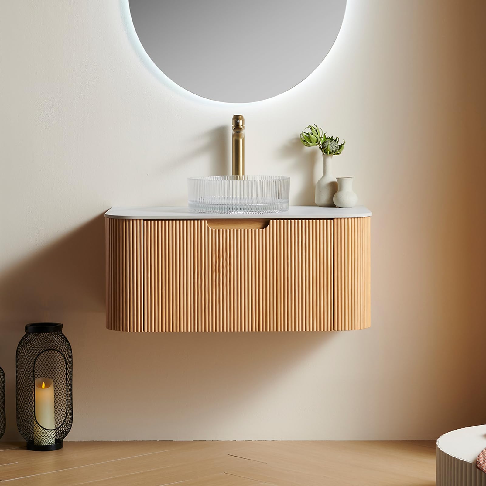 36" Floating Bathroom Vanity with Sink, Bathroom Cabinet with Round Crystal Glass Sink and Ultra-Thin Marble Countertop, Large Storage Drawer, Soft-Close Design, Pre-Assembled, Nature Wood