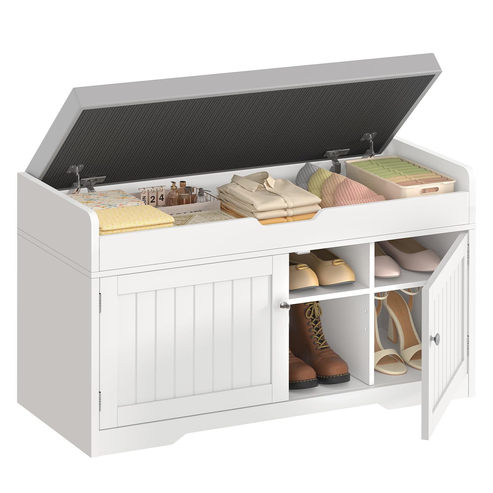 TEENFON 92cm Banc à Chaussures,Banc de Rangement avec Rembourré,Rangement Chaussures avec Portes, 2 Étagères Réglables,Meuble Chaussure pour Entrée, Chambre,92x35x50cm (Blanc)