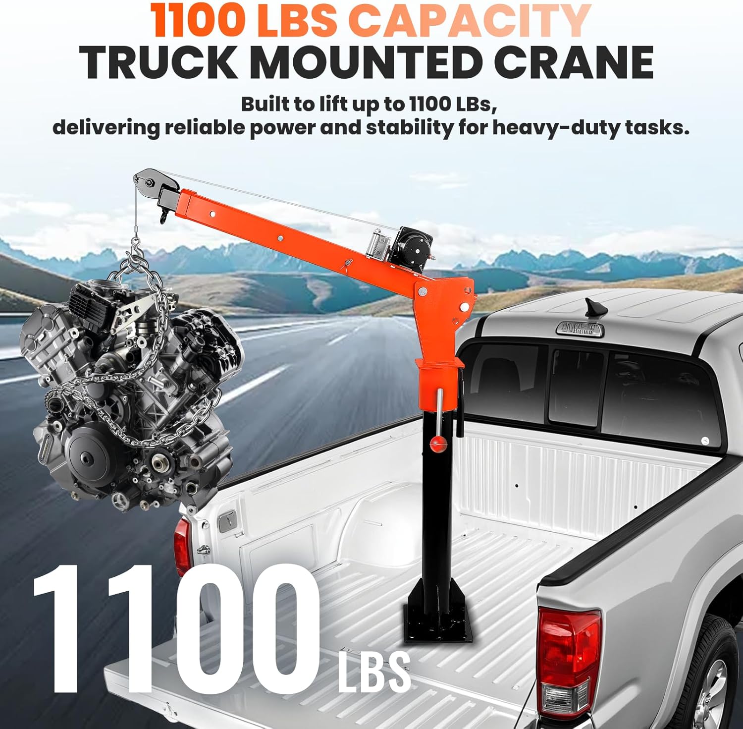 Truck Bed Crane Hoist 1600LBS, Includes 3500LBS 12V Electric Winch w/Dual Control, 3-Stage Telescoping Boom, 360° Swivel Base, Alloy Steel, for Engine Removal & Wood handling (3500LBS)