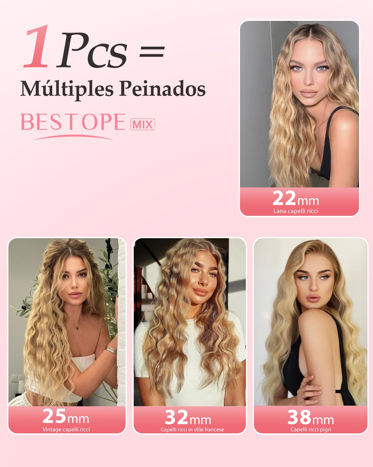 4 In 1 Ajustable Rizador Pelo Ondas - 22/25/32/38mm Plancha Pelo Ondas 3 Barriles Ondulador de Pelo Iónico, Anti-escaldamiento, Pantalla Digital, 4 Temperatura(140°C-210°C), Oro Rosa