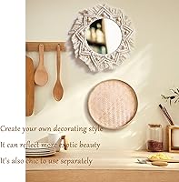 Vista 5 de Juego de decoración de cesta de pared boho - Tapiz plano tejido de macramé, borlas redondas blancas de espejo, cesta de pared de ratán hecha a mano
