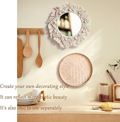 Vista 18 de LOCS MICRAI Juego de 3 cestas de pared bohemias, cesta tejida plana, decoración para colgar en la pared, borlas redondas, tapiz de macramé blanco